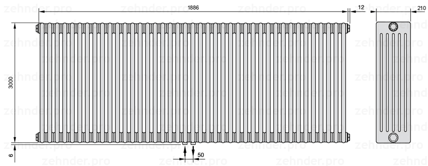 Схема (чертеж) Радиатор Zehnder Charleston 6300/41 №3470 Белый глянцевый RAL 9016